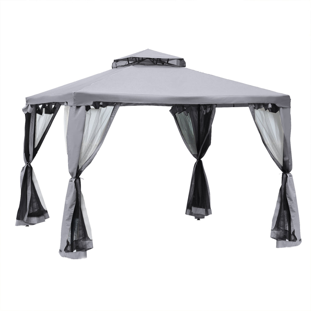 DodiOnline 3 x 3 m Metal Gazebo, Garden Pavillion, Double Roof Outdoor Canopy Shelter with Mesh Sidewalls, Grey
