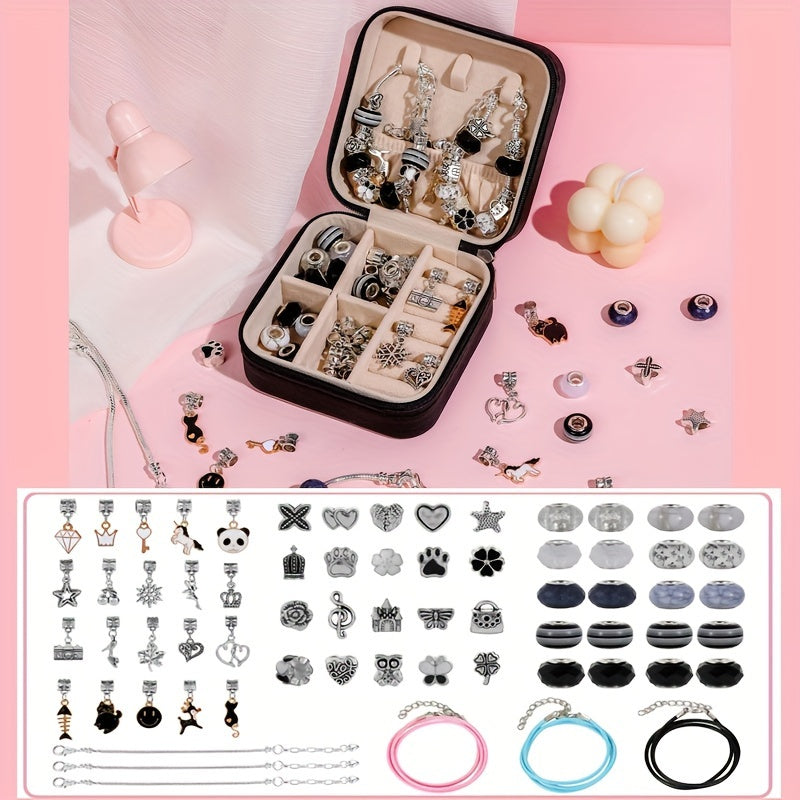 DIY Charm Bracelet Making Kit for Girls - Cute Silvery-Plated Zinc Alloy Beads with Pink Faux Leather Gift Box