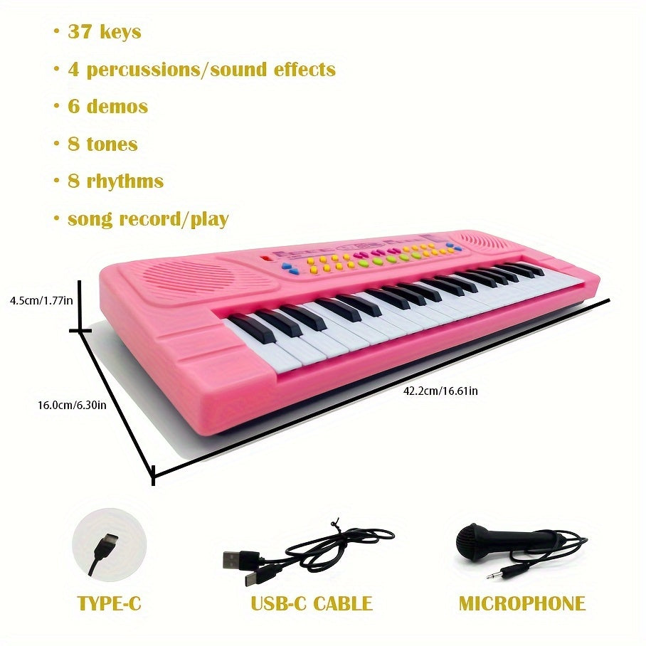 37-Key Portable Multifunctional Electronic Piano Keyboard - Pianos & Keyboards with Microphone, USB-C Cable, Tone and Rhythm Adjustment, Recording and Replaying Function, Ideal for Teaching, Birthday Gifts and Home Entertainm
