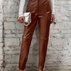 Elegant Women's Faux Leather Pants - High Waist, Comfort Stretch, Button Detail, Perfect for Fall/Winter