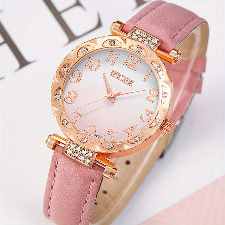 2pcs/set Women's Rhinestone Pink Gradient Quartz Watch Analog PU Leather Wrist Watch & Star Bangle, Gift For Mom Her