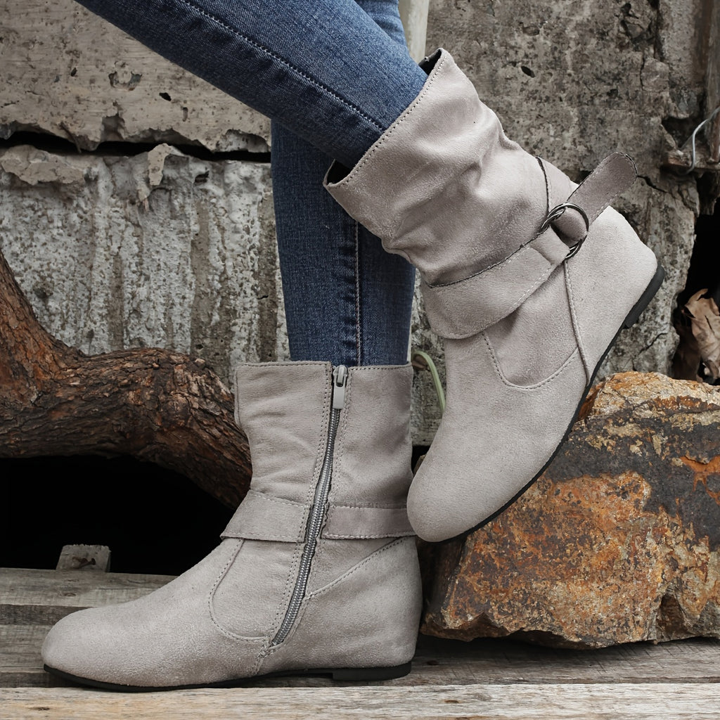 Womens Classic Solid Color Ankle Boots with Round-Toe Design - Fashion Buckle Belt & Side Zipper Closure - Ultra-Comfortable Outdoor Shoes for Stylish Adventures
