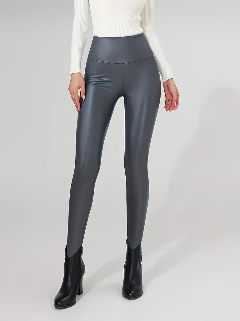 Skinny High Waist Pants, Solid Pu Leather Every Day Pants, Women's Clothing