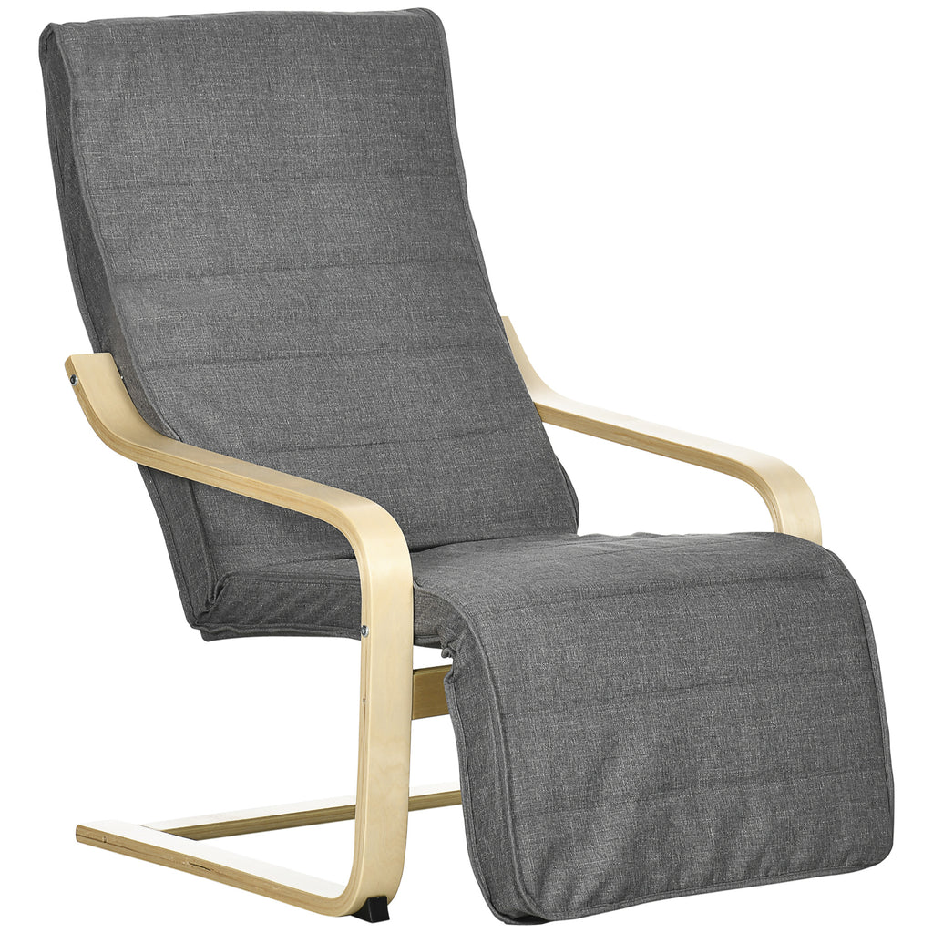 DodiOnline Wooden Lounging Chair Deck Relaxing Recliner Lounge Seat with Adjustable Footrest & Removable Cushion, Dark Grey
