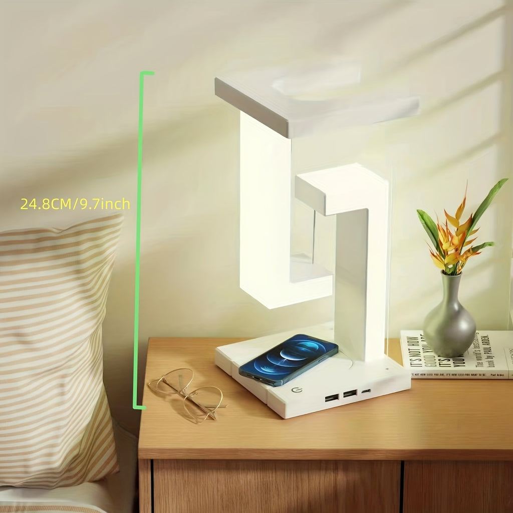 10W Wireless Charging Levitating LED Desk Lamp - USB Rechargeable, Touch Control & Dimmable Ambient Light for Home & Office