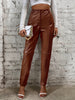 Elegant Women's Faux Leather Pants - High Waist, Comfort Stretch, Button Detail, Perfect for Fall/Winter