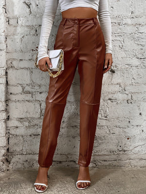 Elegant Women's Faux Leather Pants - High Waist, Comfort Stretch, Button Detail, Perfect for Fall/Winter