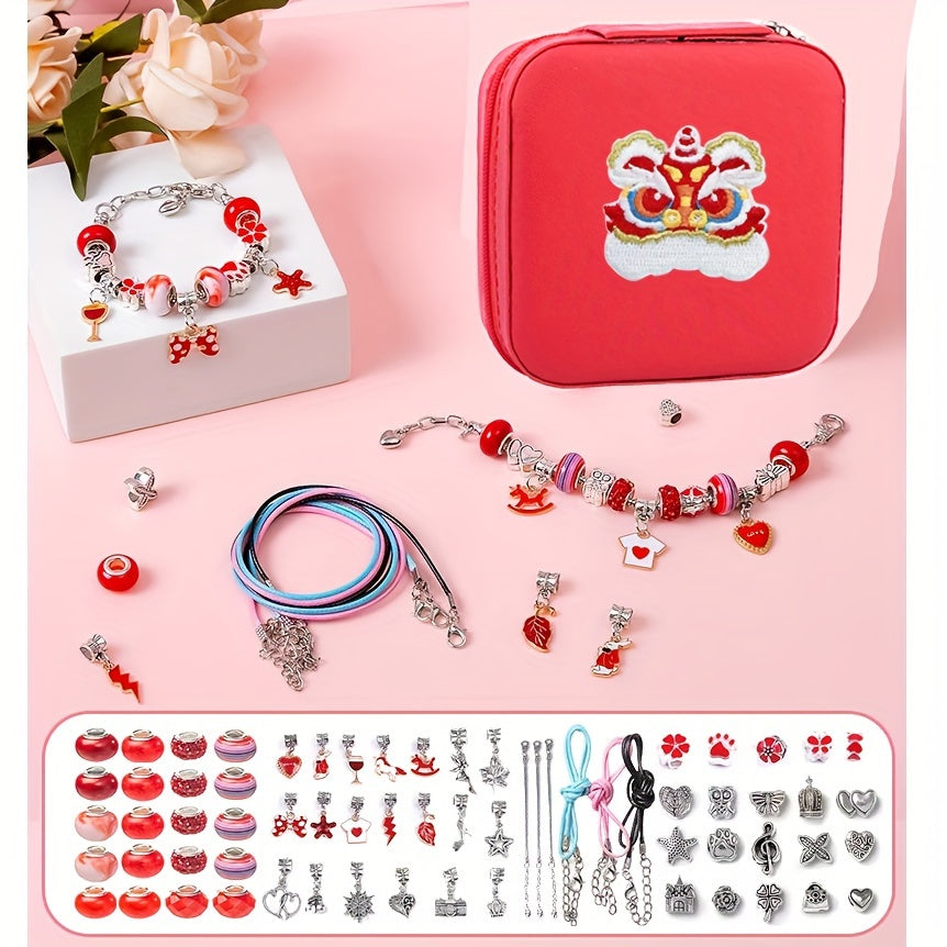 DIY Charm Bracelet Making Kit for Girls - Cute Silvery-Plated Zinc Alloy Beads with Pink Faux Leather Gift Box