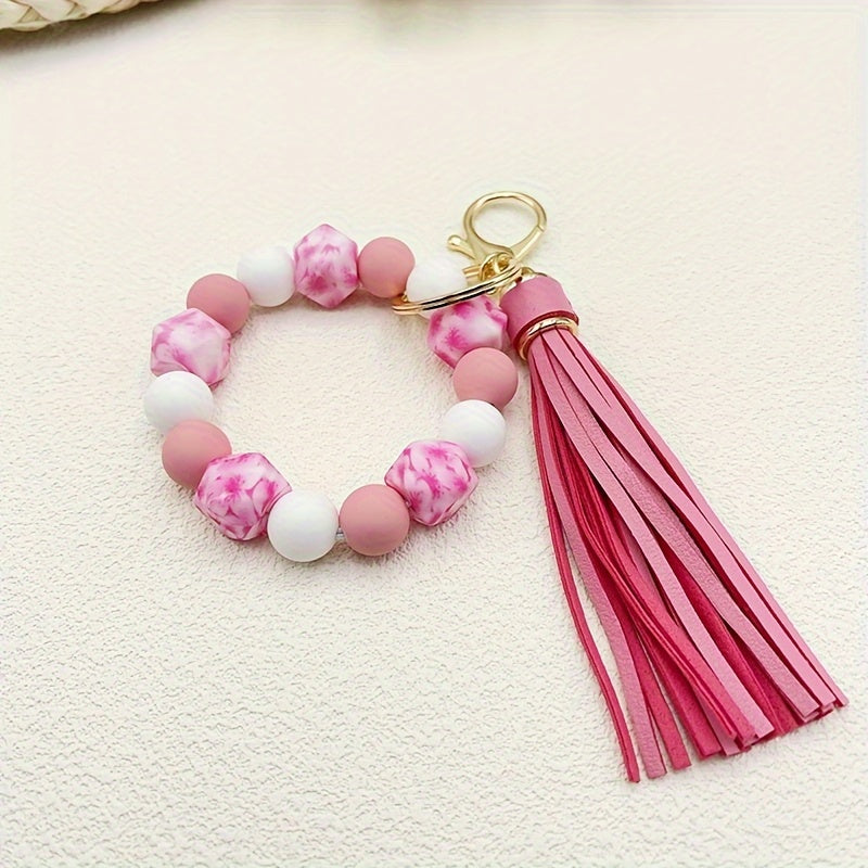 Silicone Beaded Wristlet Keychain With PU Leather Tassel Skull Flower Leopard Fashion Bag Charm Phone Lanyard Women daily use Gift