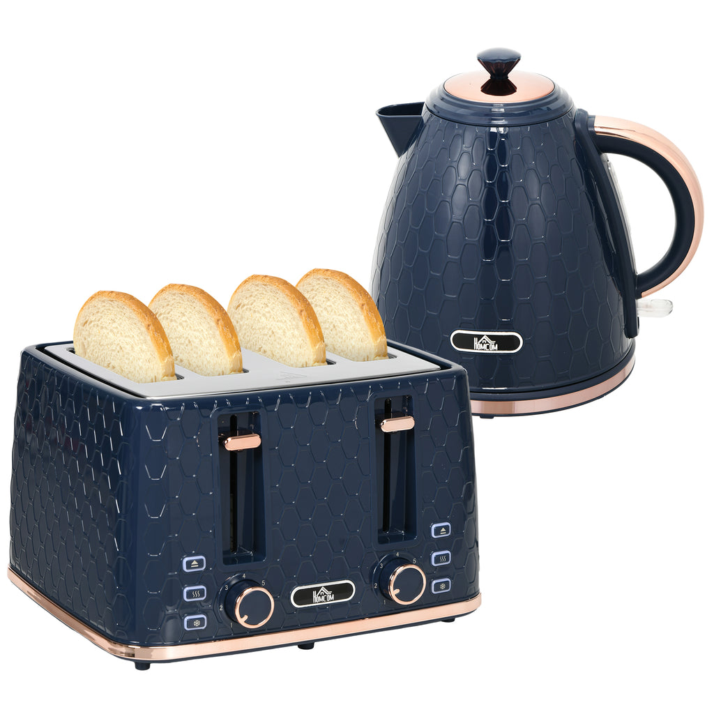 DodiOnline Kettle and Toaster Set, 1.7L 3000W Fast Boil Jug Kettle with Auto Shut Off, 4 Slice Toaster with 7 Level Browning Controls & Crumb Tray, Blue
