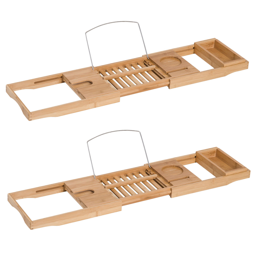 DodiOnline Extendable Bamboo Bathtub Shelf Rack Bath Caddy Tray Bathroom Storage, Set of 2
