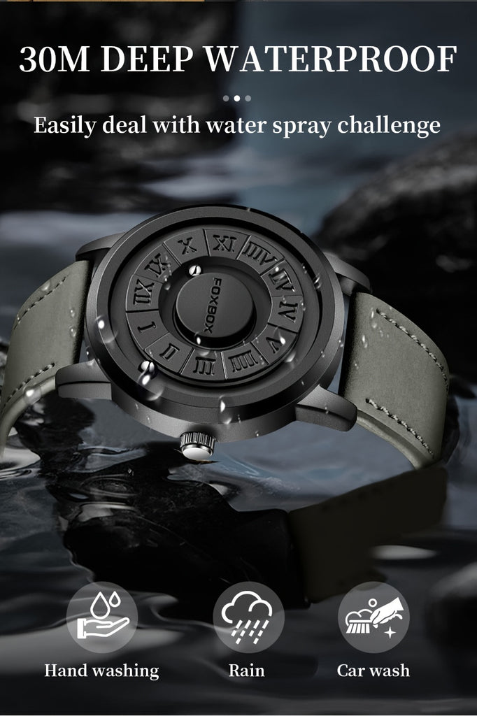 FOXBOX Men's Quartz Watch – Magnetic Dial | Digital Display | PU Leather Band | 30M Water-Resistant