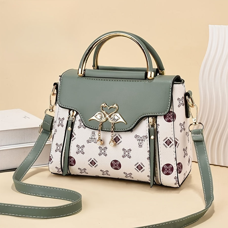 Trendy Printed Handbag For Women, Mini PU Leather Crossbody Bag, Retro Top Handle Flap Purse