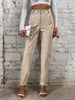 Elegant Women's Faux Leather Pants - High Waist, Comfort Stretch, Button Detail, Perfect for Fall/Winter