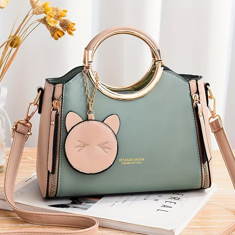 Color Contrast Handbag For Women, Trendy PU Leather Shoulder Purse, Versatile Crossbody Bag With Cute Cat Coin Purse