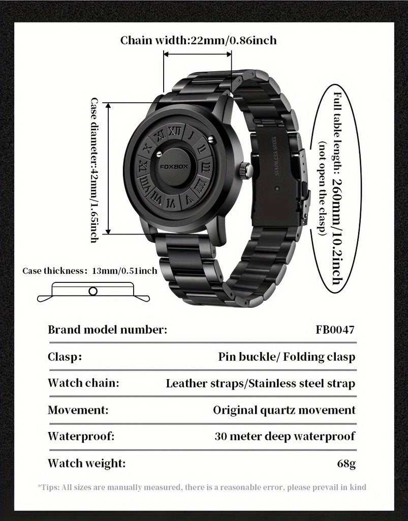 FOXBOX Fashionable Men's Watch, Cool Dial Display Design Waterproof Rotating Magnetic Bead Watch, Family Party Gift, Black And Grey Leather Belt