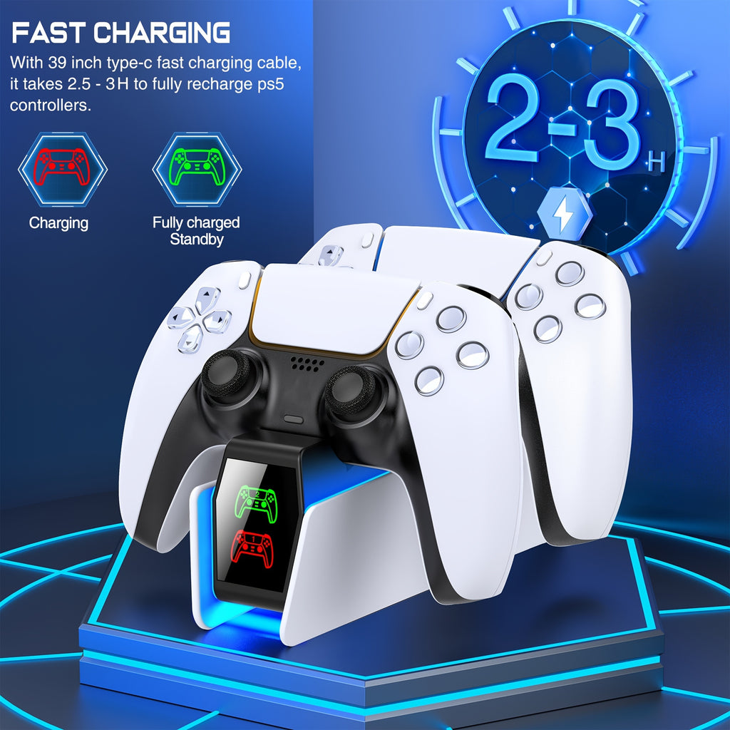 Dual PS5 Controller Charger Station with LED Light - Fast Charging, Space-Saving Dual Stand Dock for Playstation 5 Dualsense Controllers - BEBONCOOL, White, ABS Material, No Electronic Components