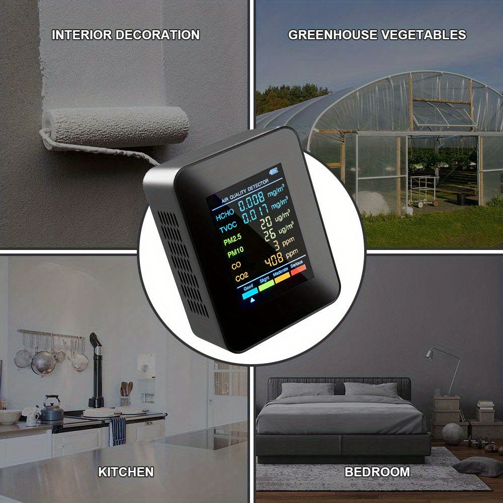 6-in-1 Multi-Function Air Quality Monitor - Detects CO2, PM2.5, PM10, TVOC & HCHO - Advanced Formaldehyde Sensor with Clear LCD Display - Ideal for Home & Office Air Health Monitoring
