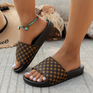 Soft Plaid Slides - Lightweight, Breathable, Comfortable Slip-On Shoes with Soft Fabric Inner, PU Faux Leather Upper, and Anti-Slip PVC Sole for Summer Beach Casual Wear