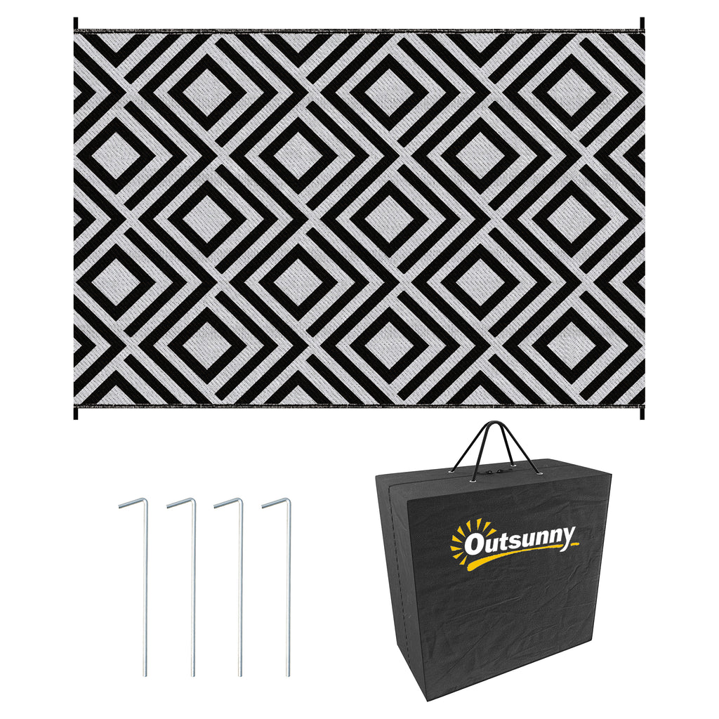 DodiOnline Reversible Outdoor Rug, Plastic Straw Mat w/ Carry Bag Ground Stakes for Garden RV Picnic Beach Camping 182x274cm Black