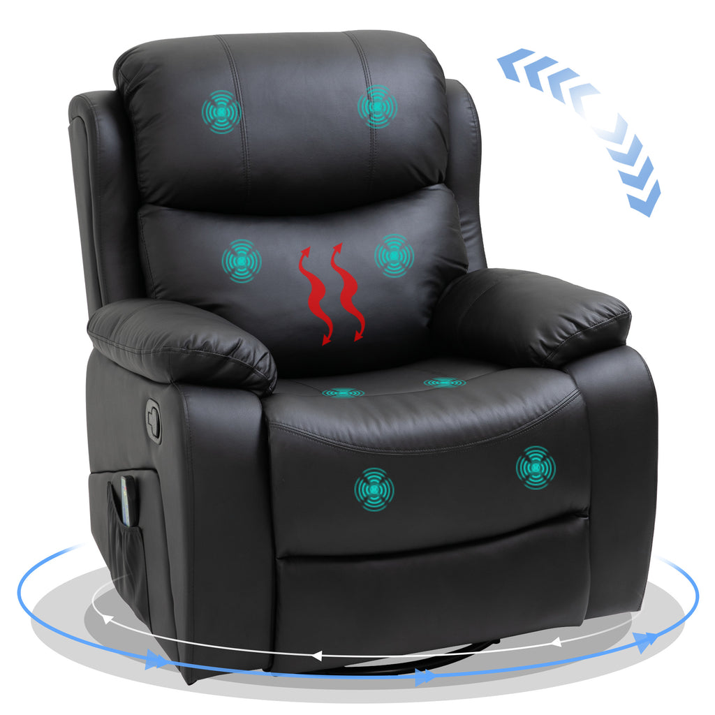 DodiOnline PU Leather Reclining Chair with 8 Massage Points and Heat, Manual Recliner with Swivel Base, Footrest and Remote, Black