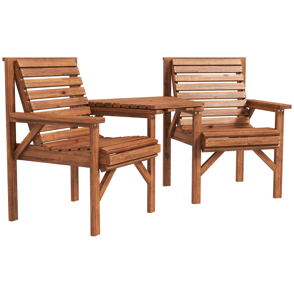 DodiOnline Wooden Garden Love Seat w/ Coffee Table Umbrella Hole, Tan Brown