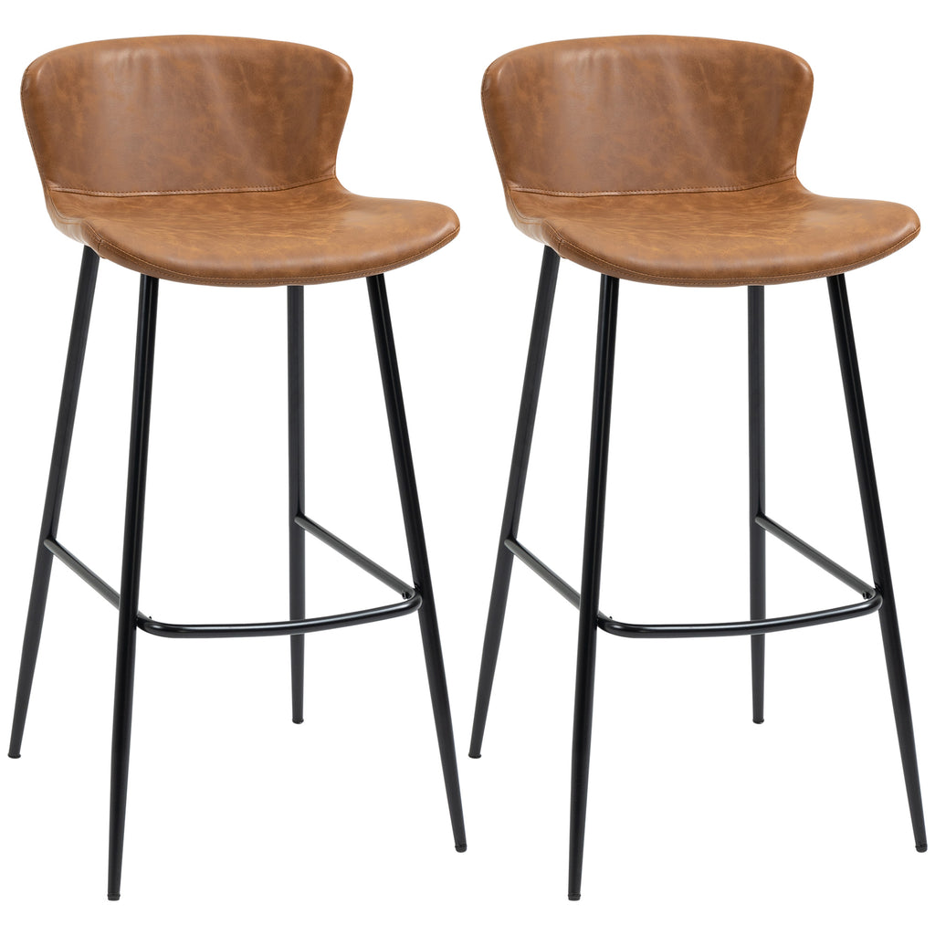 DodiOnline Bar Stools Set of 2, PU Leather Upholstered Bar Chairs, Kitchen Stools with Backs and Steel Legs for Dining Room, Brown