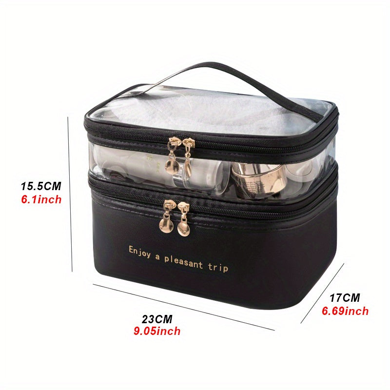 Double-layer Cosmetic Bag Solid Color PU Transparent Wash Handbag Travel Portable Large-capacity Storage Bag