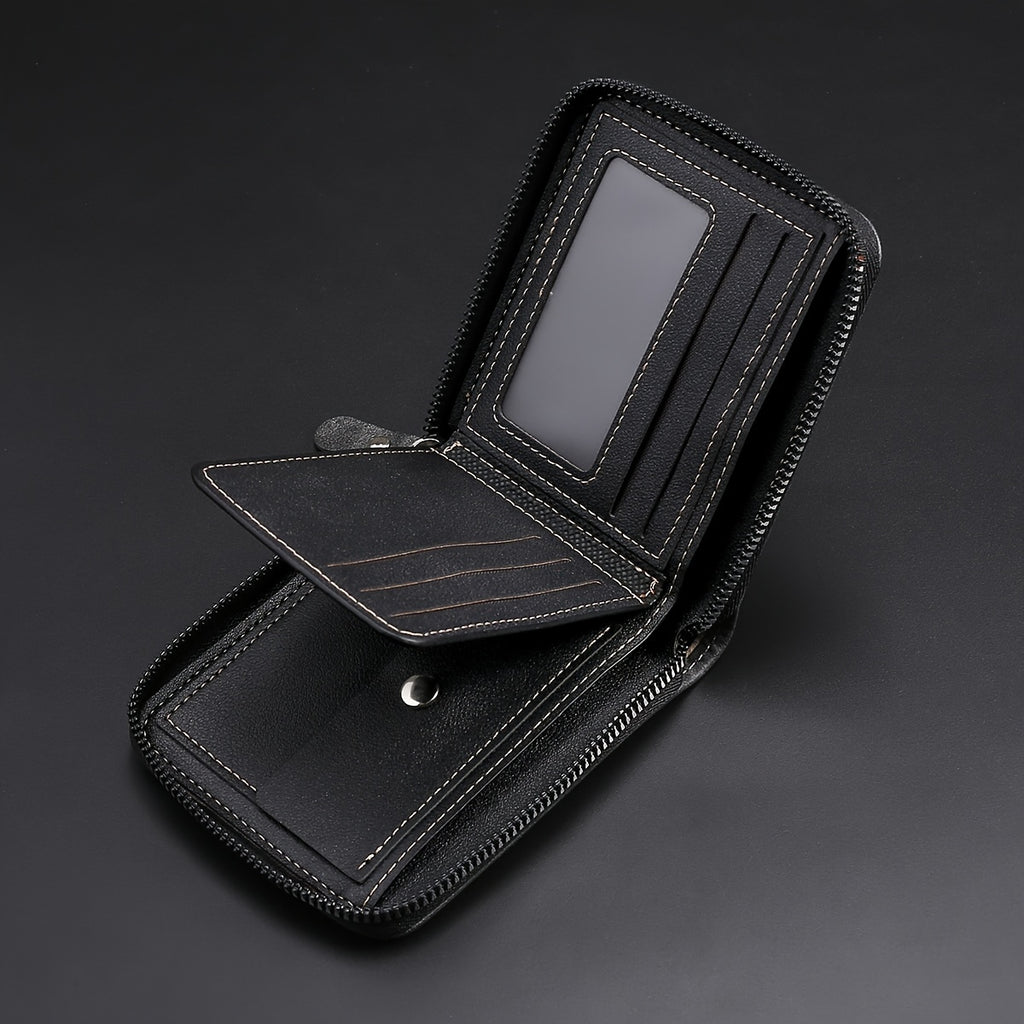 1pc Men's Zippered Short Wallet, Multi-card Holder, PU Leather Folding Wallet