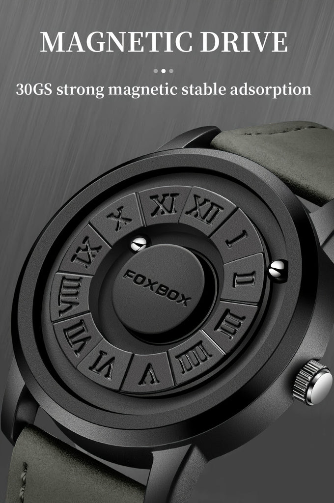 FOXBOX Men's Quartz Watch – Magnetic Dial | Digital Display | PU Leather Band | 30M Water-Resistant