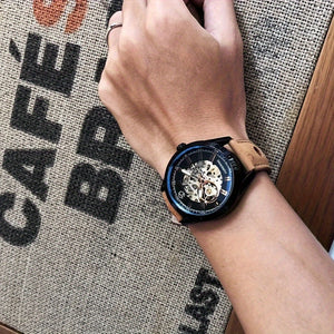 Forsining Men's Skeleton Mechanical Watch, Casual Sport Blue Light Glass, Non-Waterproof, Non-Automatic Winding, PU Leather Strap, Round Dial, Fashionable Men's Wristwatch, Gift for Men