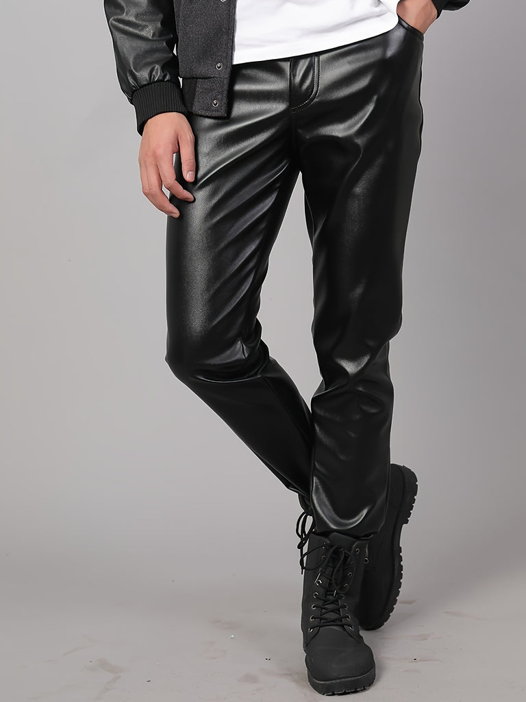 Men's Chic PU Leather Pants, Street Style High Stretch Skinny Pants For Nightclub Performance Party Dinner K-pop
