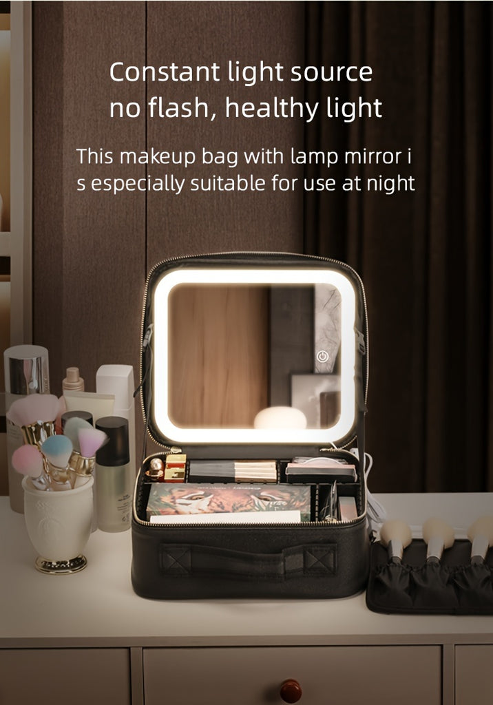 Elegant USB Rechargeable Makeup Bag for Women: Waterproof with LED Mirror, Adjustable Dividers - Ultimate Beauty Organizer