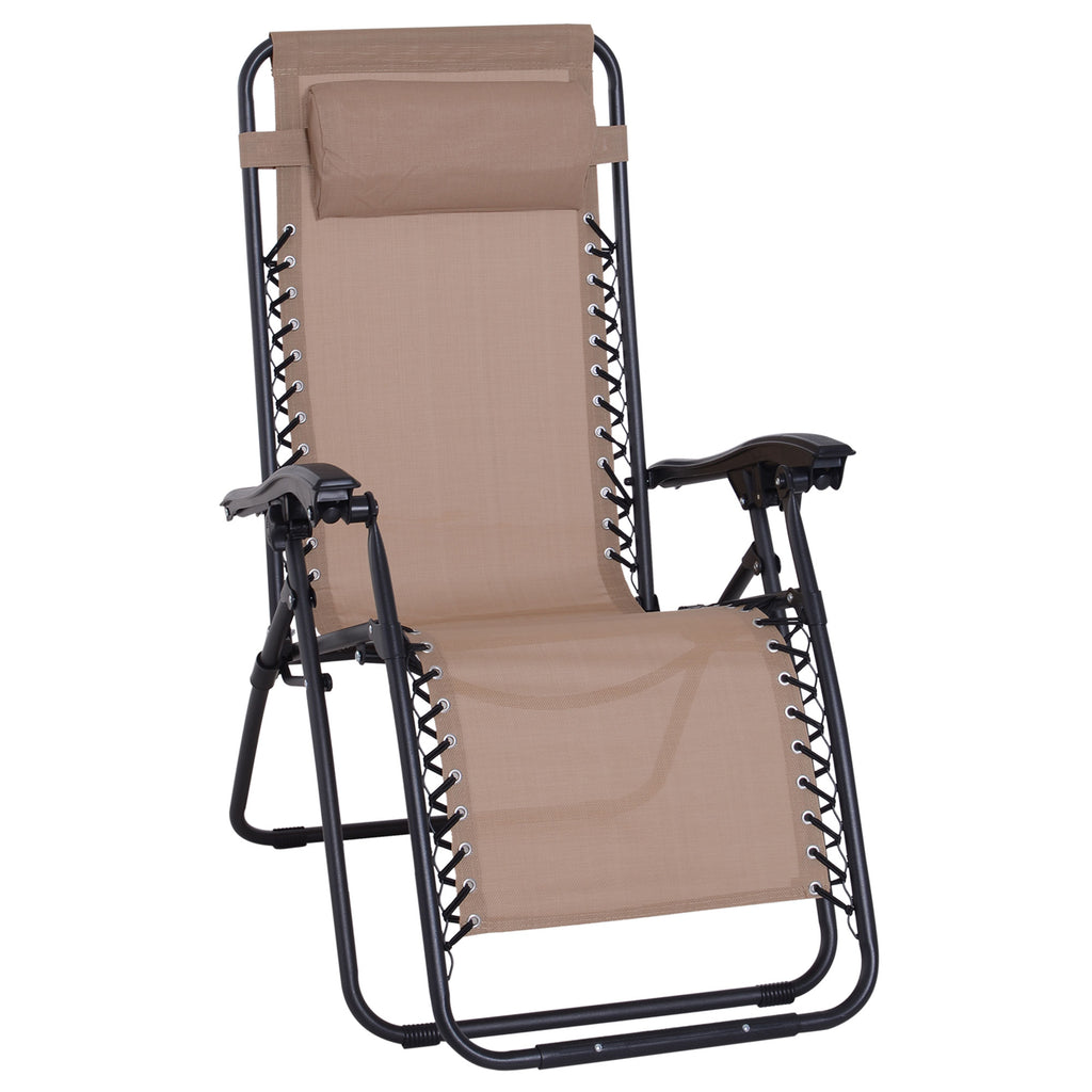 DodiOnline Zero Gravity Chair Metal Frame Texteline Armchair Outdoor Folding and Reclining Sun Lounger with Head Pillow for Patio Decking Gardens Camping, Beige