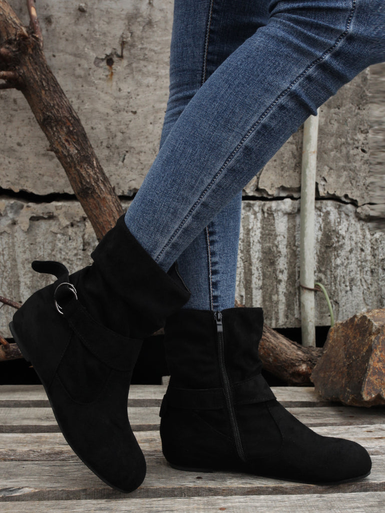 Womens Classic Solid Color Ankle Boots with Round-Toe Design - Fashion Buckle Belt & Side Zipper Closure - Ultra-Comfortable Outdoor Shoes for Stylish Adventures