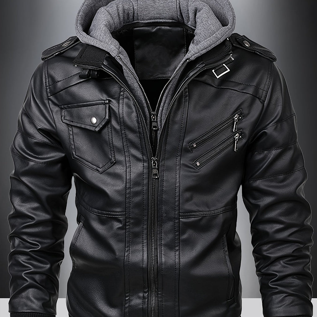 Mens Fashionable Hooded Jacket - Faux Leather, Utility Pockets, Versatile for All Seasons