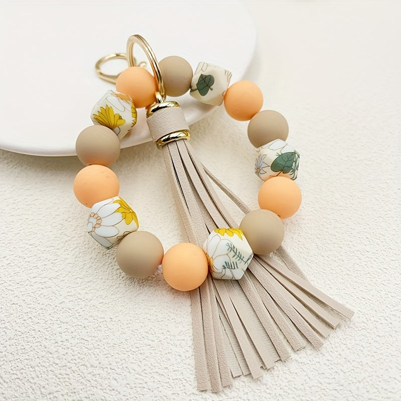 Silicone Beaded Wristlet Keychain With PU Leather Tassel Skull Flower Leopard Fashion Bag Charm Phone Lanyard Women daily use Gift