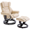 DodiOnline Faux Leather Recliner Chair and Footstool, Swivel Upholstered Armchair and Footstool with Adjustable Backrest, Solid Wood Base for Living Room, Cream