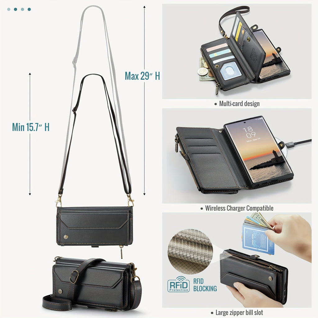 Crossbody for Samsung Galaxy S23 S22 S21 Ultra S10 Plus A12 A13 A14 A22 A23 A24 A30S A50S A32 A33 A34 A51 A52 A53 A54 A71 A72 Case Wallet RFID Protection with 10-Card Holder Zipper Bills Slot, PU Leather Magnetic Flip Shoulde