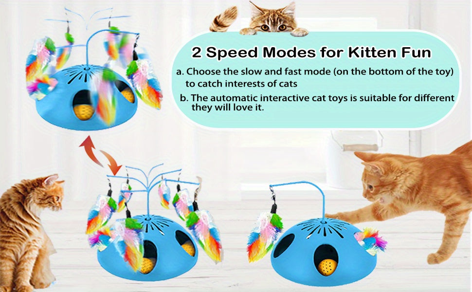 3-in-1 Interactive Cat Toy - Dual Speed Modes, Electronic Puzzle Game for Indoor Cats, Feathers & Bell Balls, Battery-Powered