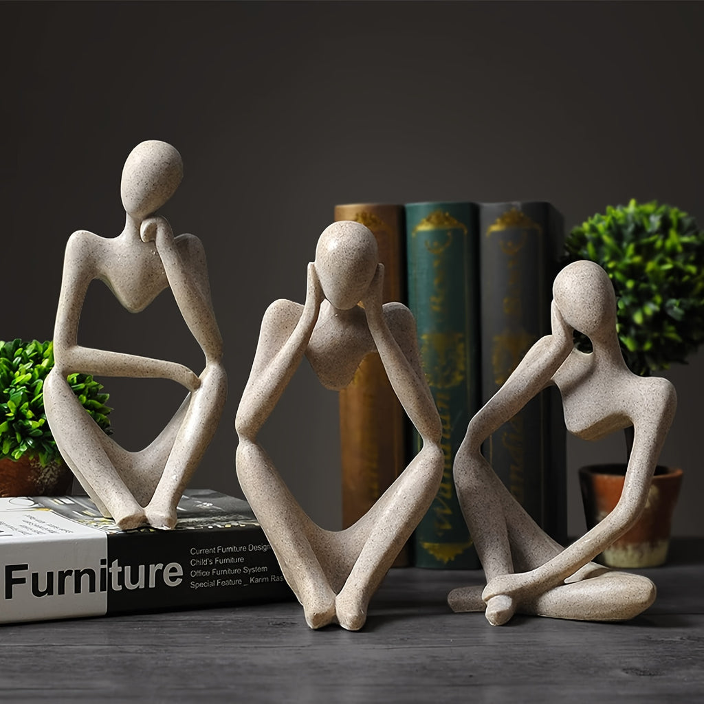 3-Piece Set Modern Abstract Thinker Sculptures - Durable Resin, Artistic Home Office Shelf Decor, Ideal for Bookshelf Styling