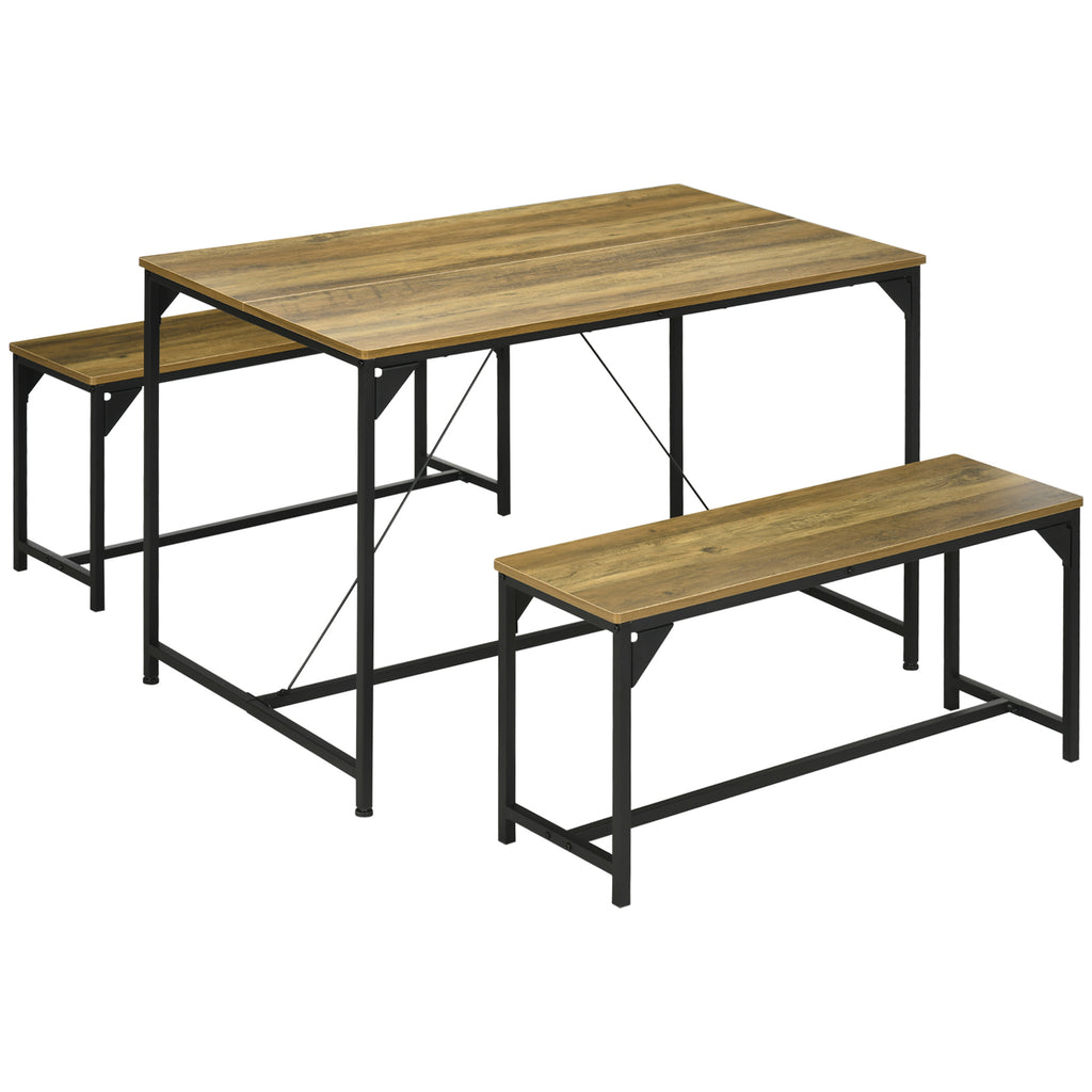 DodiOnline Dining Table and Bench Set for 4, Kitchen Table with 2 Benches, Space Saving Dining Room Sets, Natural