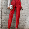 Elegant Women's Faux Leather Pants - High Waist, Comfort Stretch, Button Detail, Perfect for Fall/Winter