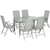 DodiOnline 7 Piece Garden Dining Set, Outdoor Table and 6 Folding and Reclining Chairs, Aluminium Frame, Tempered Glass Top Table, Texteline Seats, Grey