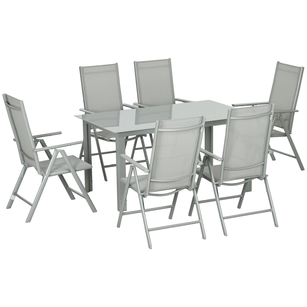 DodiOnline 7 Piece Garden Dining Set, Outdoor Table and 6 Folding and Reclining Chairs, Aluminium Frame, Tempered Glass Top Table, Texteline Seats, Grey