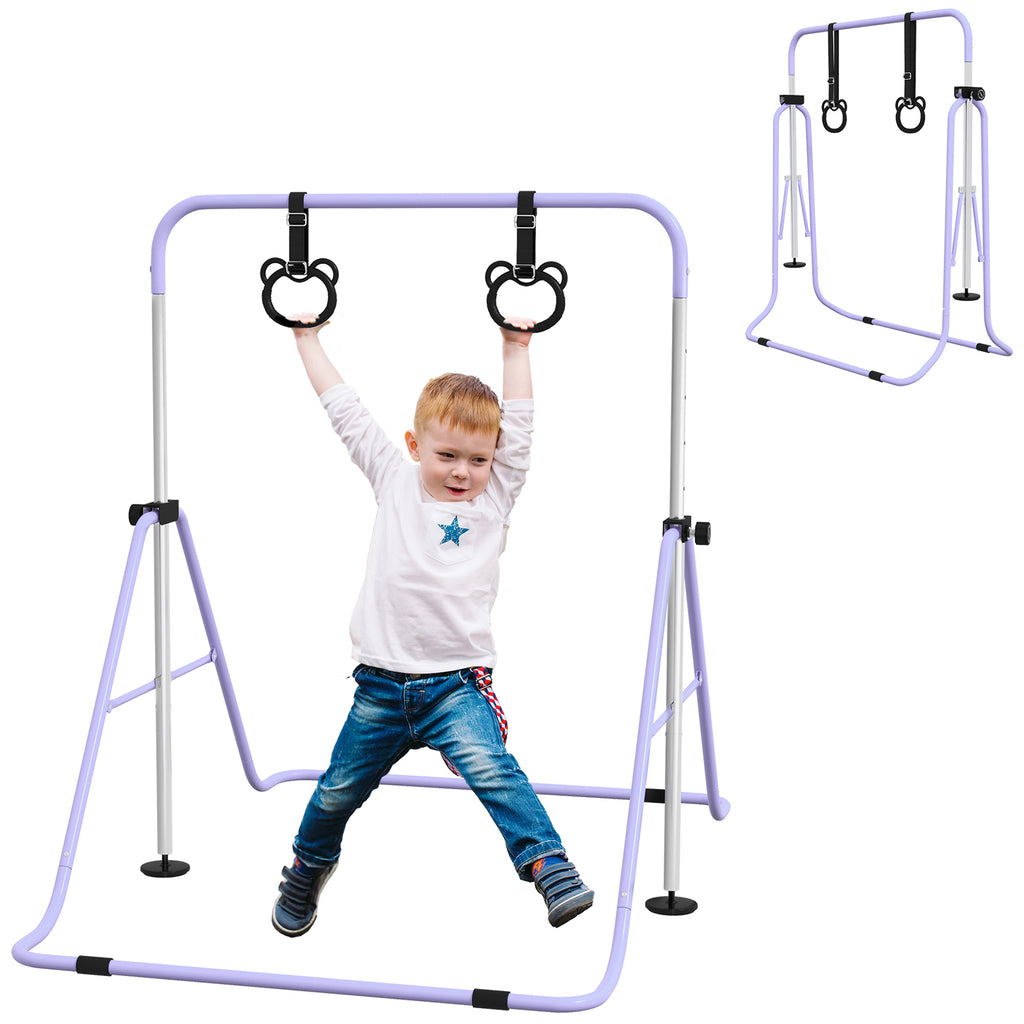 DodiOnline Adjustable Height, Foldable Kids Gymnastics Bar w/ Non-slip Rubber Floor Rings, for 3+ Years, Purple