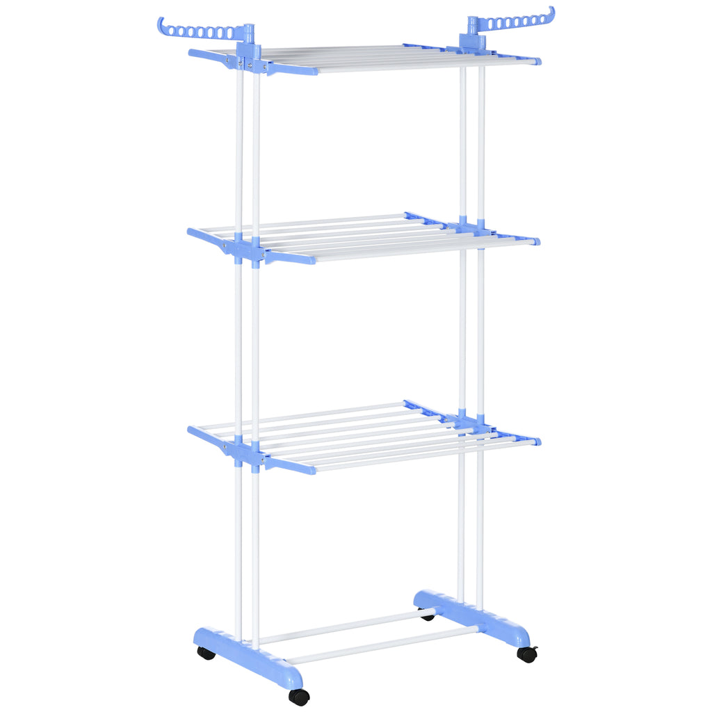 DodiOnline Foldable Clothes Drying Rack, 4-Tier Steel Garment Laundry Rack with Castors for Indoor and Outdoor Use, Blue