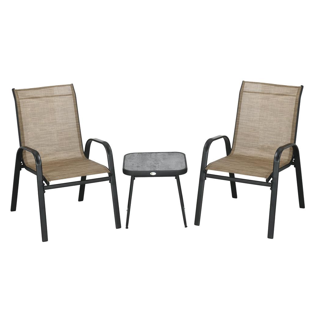 DodiOnline 3 Pieces Outdoor Bistro Set, Patio Stackable Armchairs with Breathable Mesh Fabric and SPC Board Coffee Table, Brown