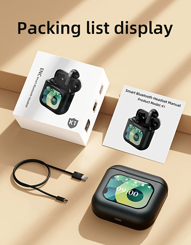 XHJ K1 Wireless earbuds with LCD touchscreen display, intelligent noise-canceling sleep-aiding headphones, 40 hours of long battery life, control music player, tiktok video playback, likes Audio Earphones Electronic Headset C