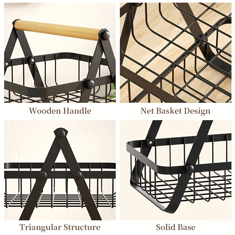 1pc 2/3 Tier Detachable Metal Wire Bathroom Storage Basket with Wooden Handle